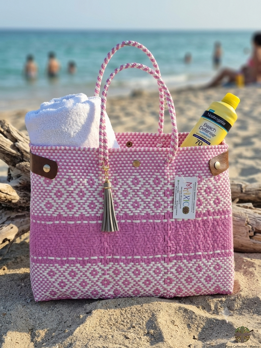 Bolsa de Toquilla Jumbo con Broches de Privacidad y Pompón (Blanco y Rosa)