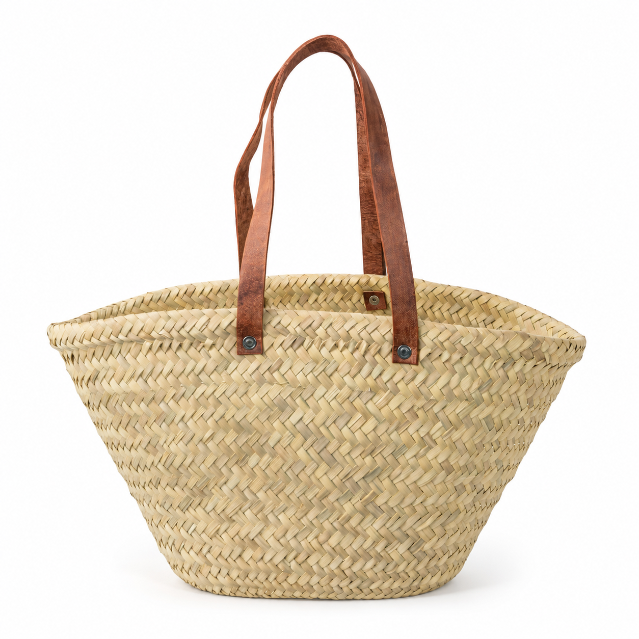 Bolsa Artesanal de Palma en Forma de Abanico con Asas de Piel