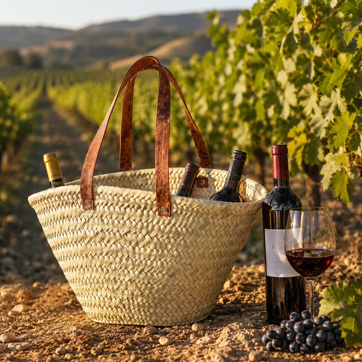 Bolsa Artesanal de Palma en Forma de Abanico con Asas de Piel