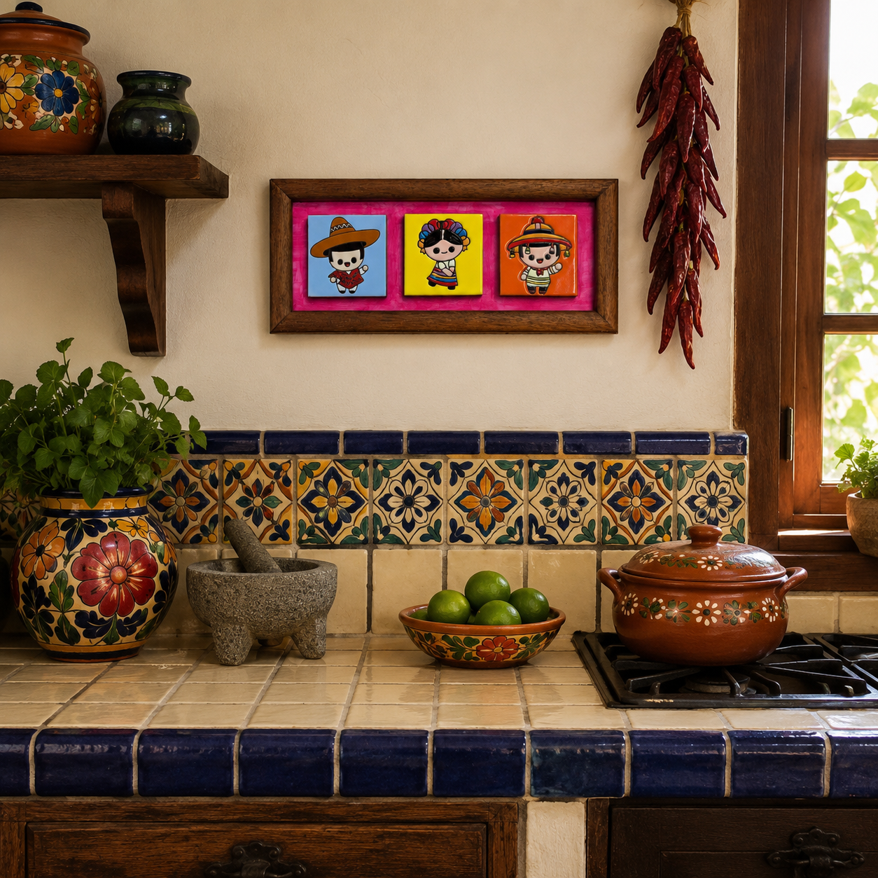 Cuadro de Madera Rústica con Talavera "Lele y Panchito" (Pieza Única - 49 x 20 cm)