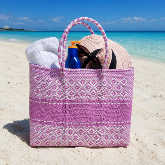 Bolsa Tejida de Plástico Coral & Blanco Asa Corta (Edición Limitada)