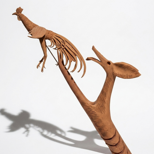 Escultura de Barro Hiperrealista "Coyote y Gallo" (Pieza Única - 35 cm)