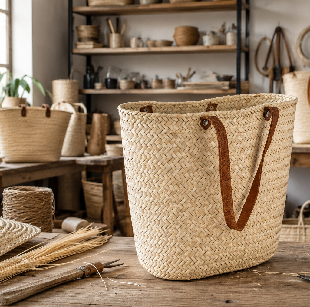 Bolsa Cilíndrica de Palma Natural con Asas de Piel (40 x 30 cm)