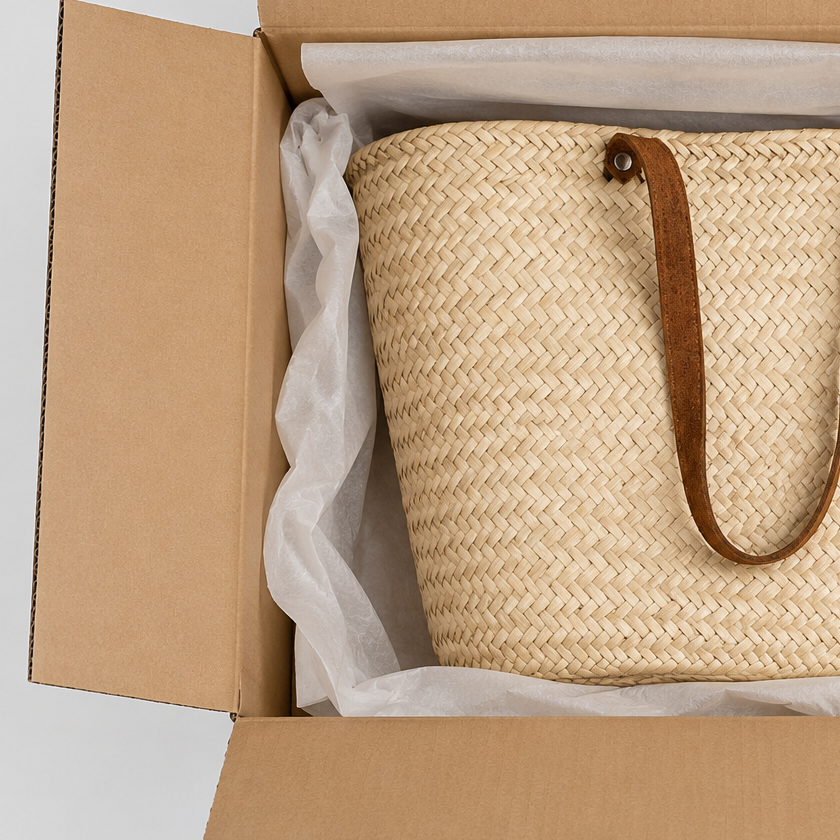 Bolsa Cilíndrica de Palma Natural con Asas de Piel (40 x 30 cm)