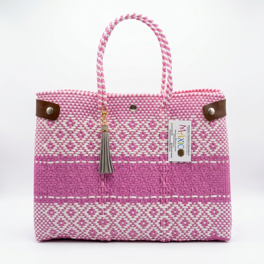 Bolsa de Toquilla Jumbo con Broches de Privacidad y Pompón (Blanco y Rosa)
