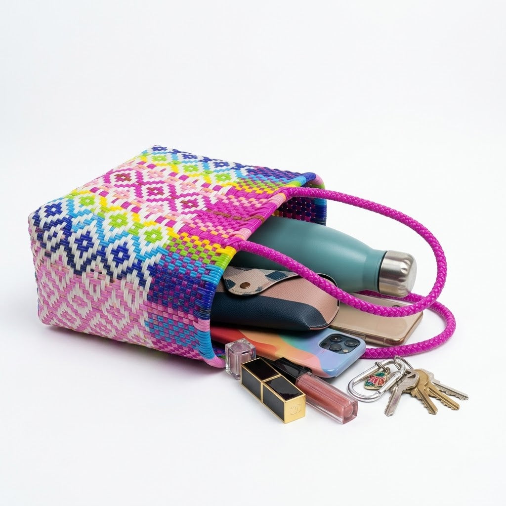 Bolsa Artesanal Modelo Canasta | Tejida a Mano en Plástico