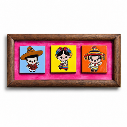 Cuadro de Madera Rústica con Talavera "Lele y Panchito" (Pieza Única - 49 x 20 cm)