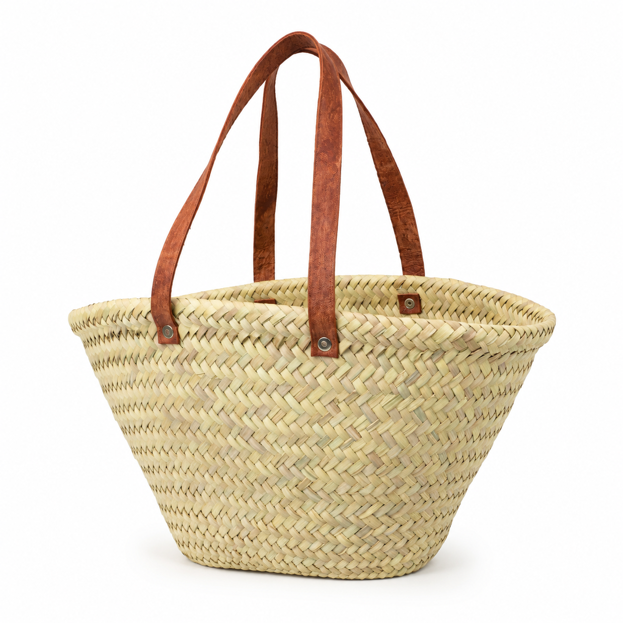 Bolsa Artesanal de Palma en Forma de Abanico con Asas de Piel