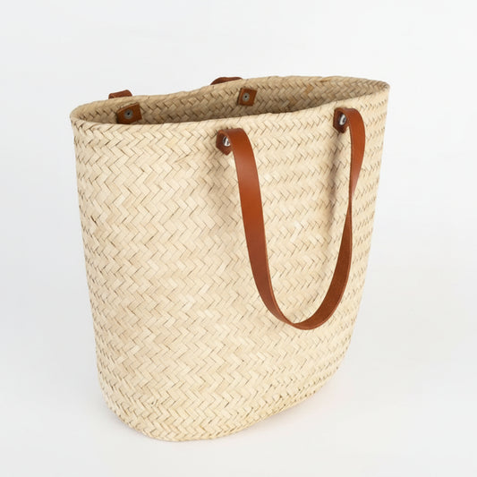 Bolsa Cilíndrica de Palma Natural con Asas de Piel (40 x 30 cm)